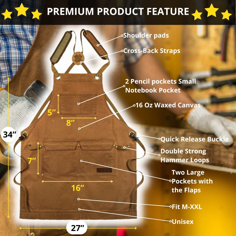 GIDABRAND Woodworking Shop Aprons for Men and Women | 16 oz Durable Waxed Canvas Work Apron with Pockets | Cross-Back Straps | Adjustable Tool Apron Up To XXL | Gift for Woodworker - Bring a Smile to Their Face - Image 3